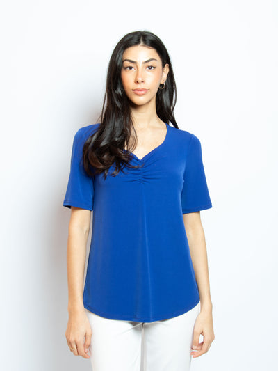 Women's short sleeve ruched neckline top in bright blue