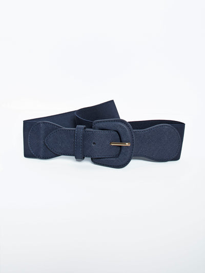 Women's elasticated belt with faux leather buckle in navy blue