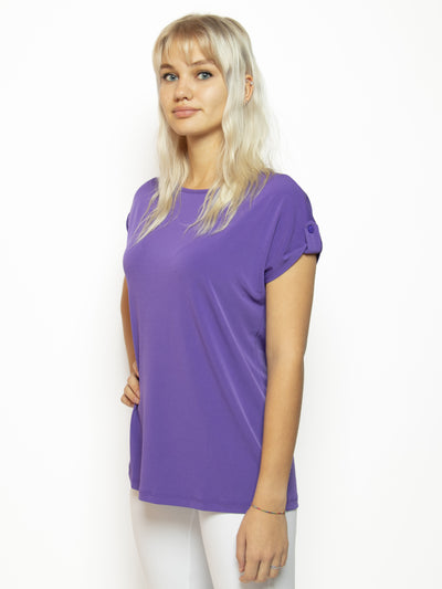 Women's short sleeve relaxed fit top with tab detail in purple