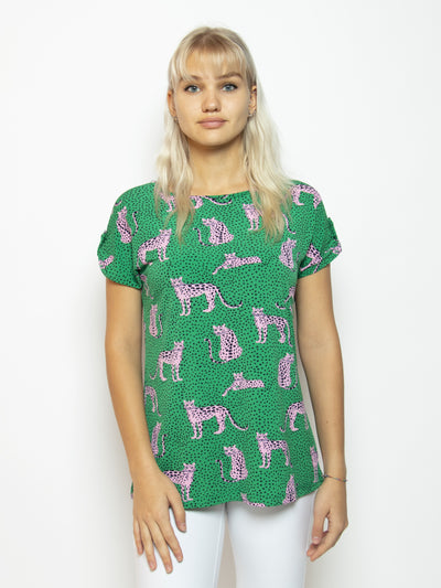 Women's kitsch cheetah printed relaxed fit t-shirt with tab detail on sleeve in green
