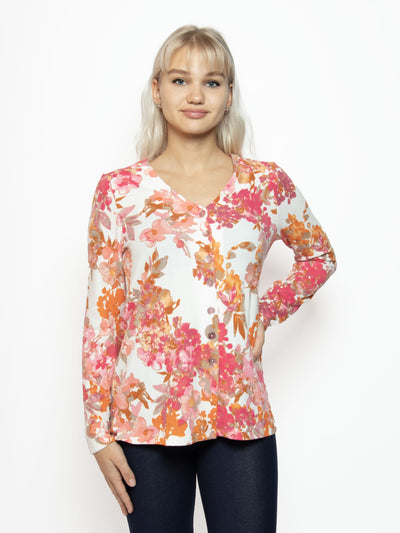 Women's floral printed long sleeve button front cardigan top in white