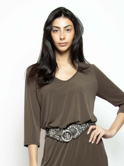 Women's elasticated belt with metal studs in brown