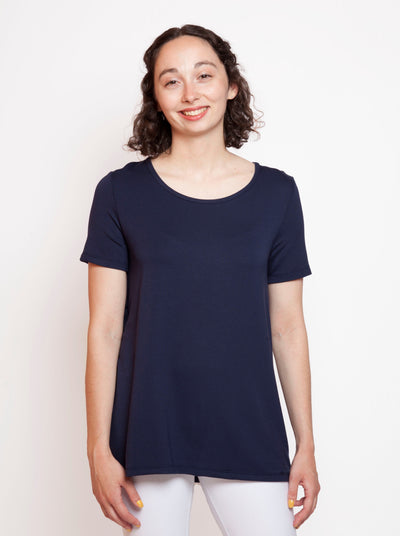 T-shirt à manches courtes à coupe décontractée en tissu éponge français pour femmes, bleu marine