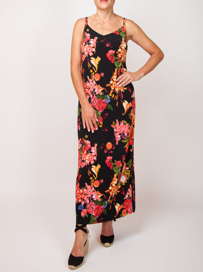 Women's floral printed faux wrap sleeveless strappy maxi dress