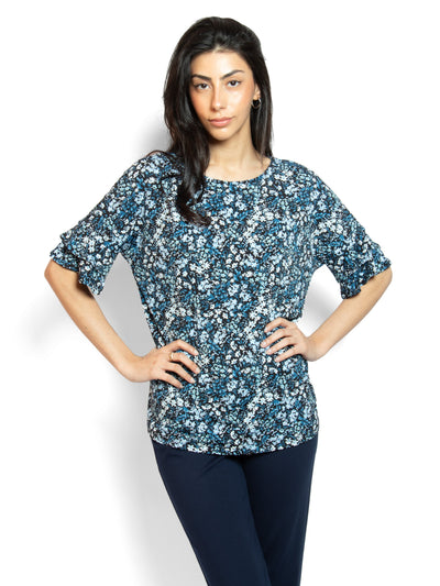Women's ditsy print frilled sleeve top in blue