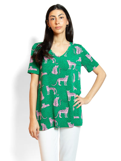 Women's green/pink cheetah print short sleeve v-neck tunic