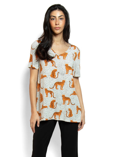 Women's ecru cheetah print short sleeve v-neck tunic