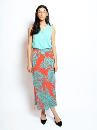 Women's contrast colour palm print maxi skirt with side slits