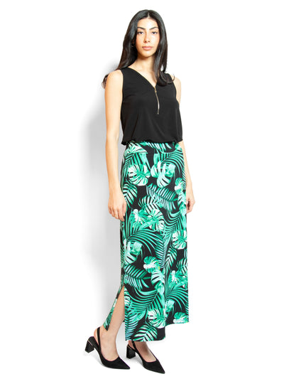 Women's palm print maxi skirt with wide waistband and slits