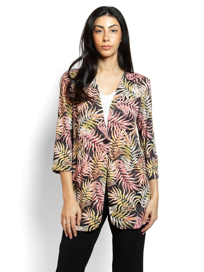 Women's palm print 3/4 sleeve button fron cardigan in black