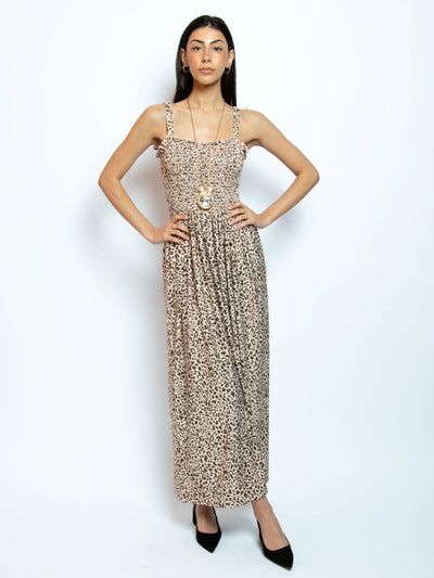 Women's leopard print smocking maxi dress with adjustable straps