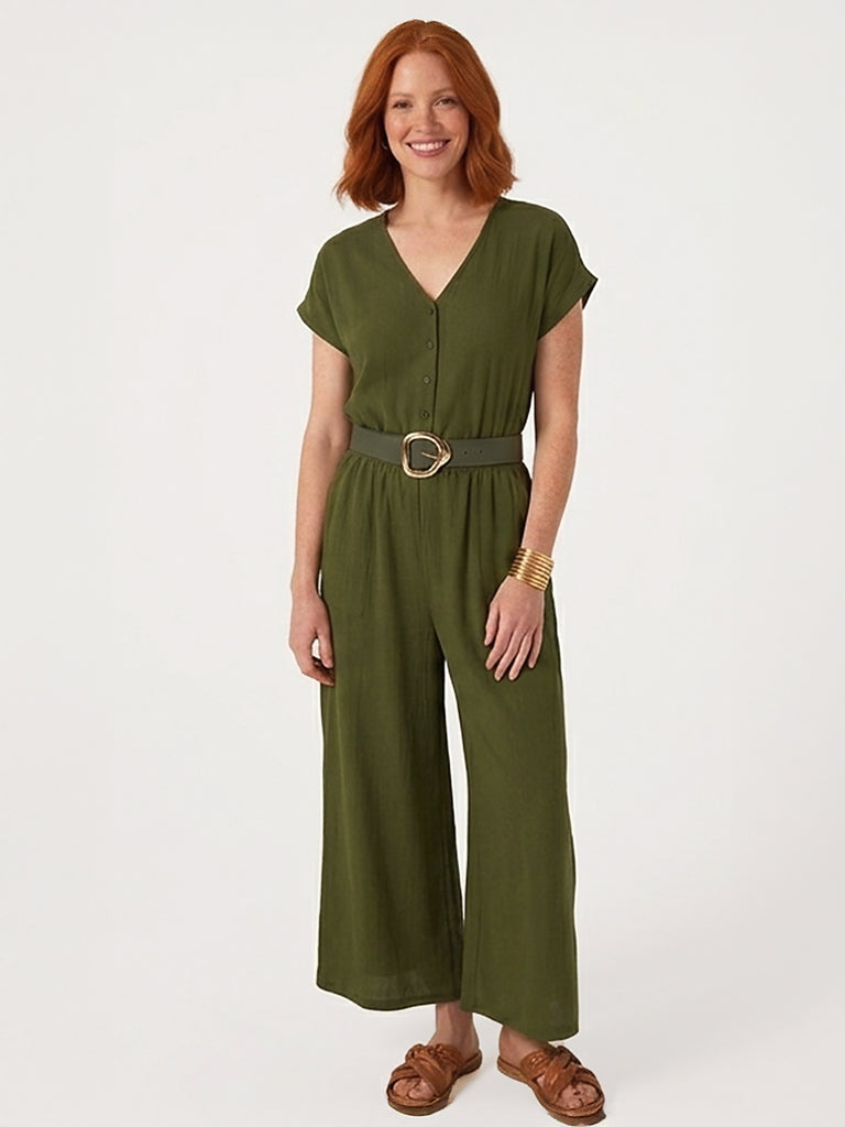 Kim & Co Crinkle Poplin Short Sleeve Cropped Standard Jumpsuit