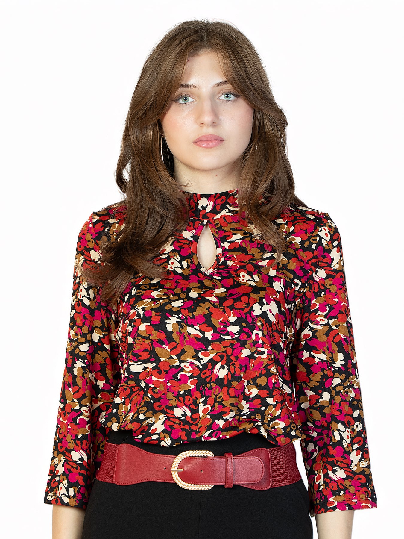 Kim & Co Printed Brazil Jersey 3/4 Sleeve Keyhole Shirt