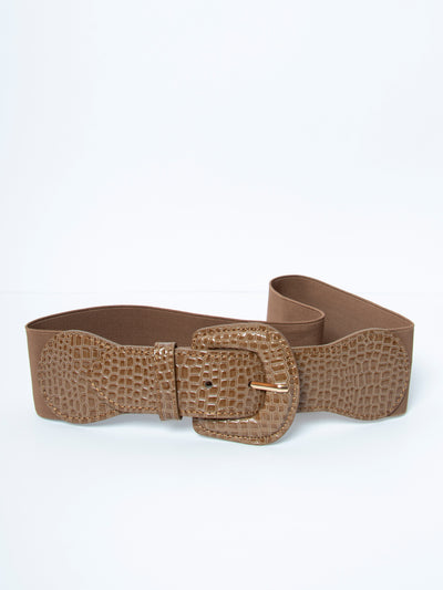 Women's elasticated belt with patent faux leather buckle in camel