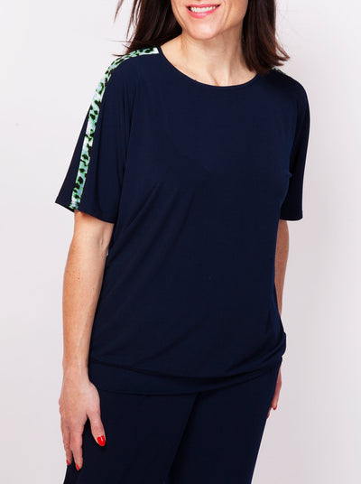 Women's short sleeve blouson top with animal printed contrast stripe on sleeve in navy Made in Canada