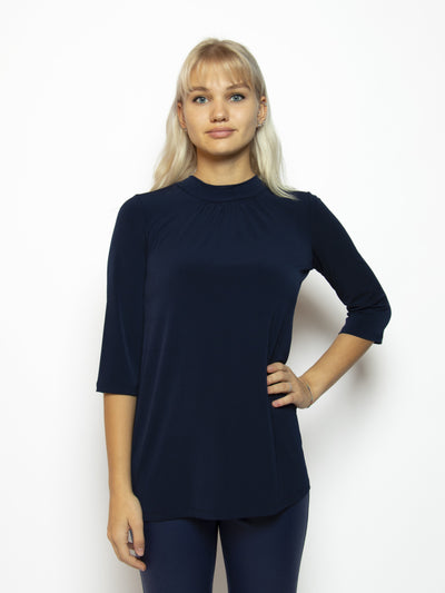 Women's 3/4 sleeve high neck top in navy Made in Canada