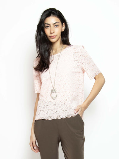Women's stretch lace short sleeve top in light pink