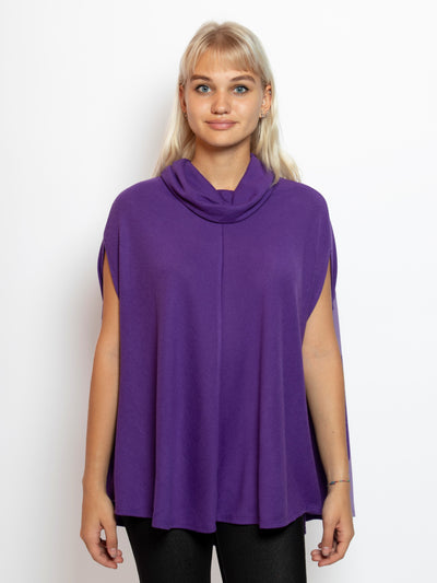 Women's lightweight sweater knit cowl neck poncho top in purple