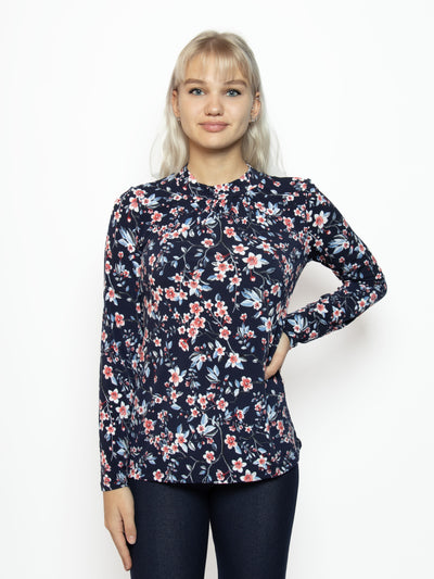 Women's Long Sleeve Floral Printed High Neck Top in Navy Blue