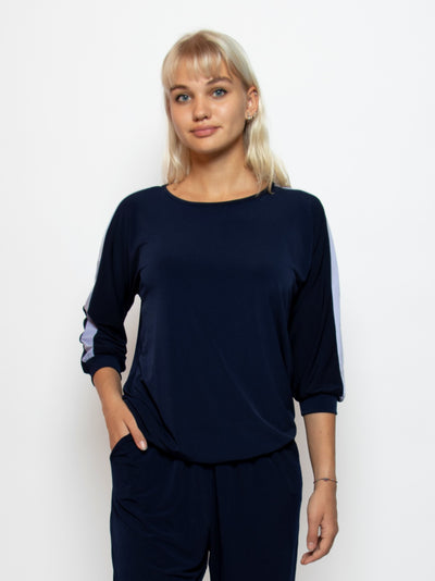 Women's 3/4 sleeve blouson top with contrast stripe on sleeve in navy Made in Canada