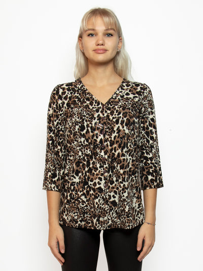 Women's animal printed 3/4 sleeve button front shirt with shimmer