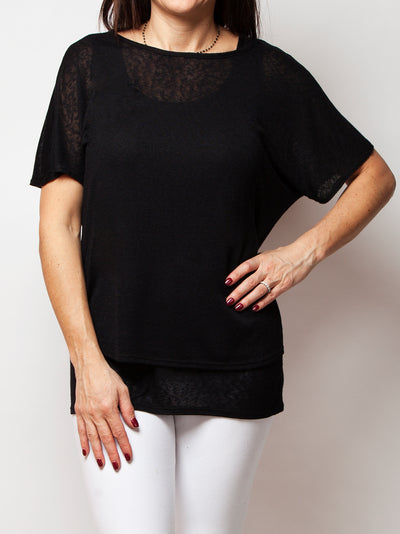 Women's lightweight sweater knit 2-piece relaxed top and sleeveless tunic set in black