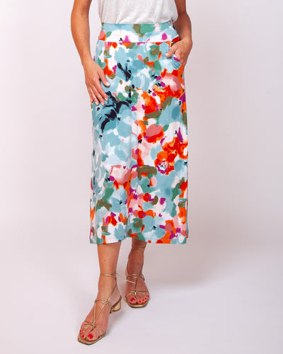 Women's abstract painted curved hem skirt with pockets