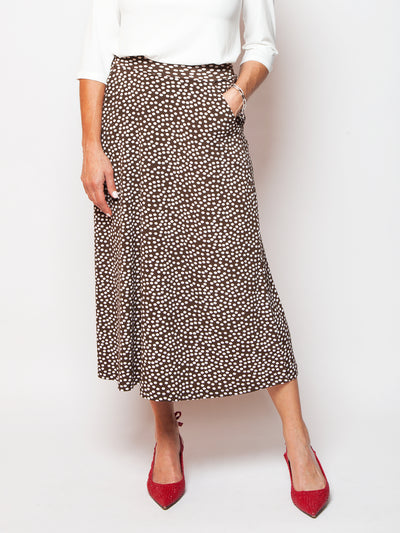 Women's Brown dot print flared midi skirt with pockets