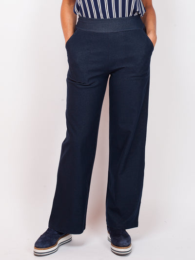 Women's stretch denim wide leg high waist pant in navy blue
