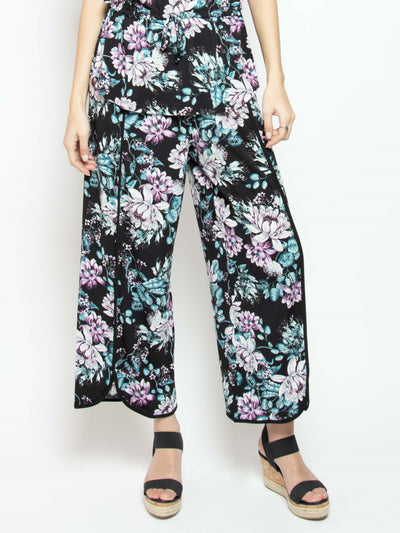 Women's floral printed tulip hem wide leg summer pants with contrast binding