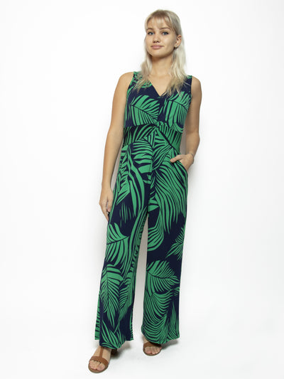 Women's palm print sleeveless V-neck jumpsuit with twist front in navy/green