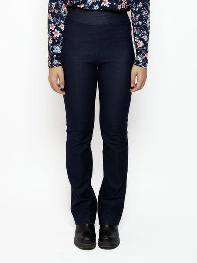 Women's stretch denim soft flare pant with back pockets in navy blue