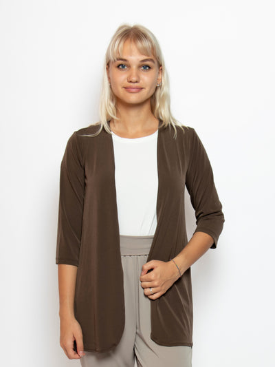 Women's 3/4 sleeve edge to edge curved front cardigan in brown