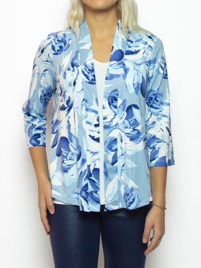 Women's floral printed 3/4 sleeve cardigan in blue
