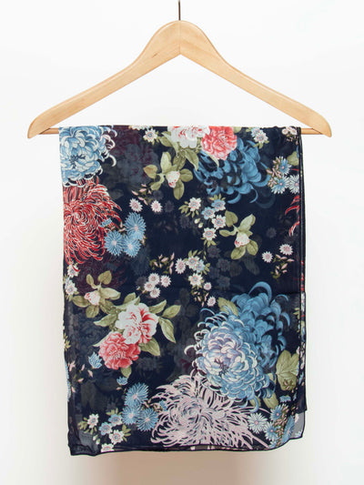 Women's floral printed chiffon scarf in navy blue