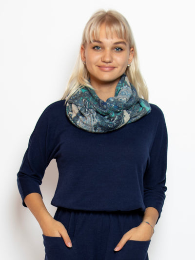Lightweight sweater knit paisley print infinity scarf in blue