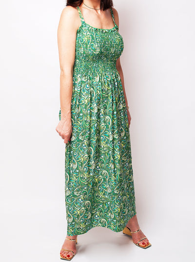Women's paisley printed strappy midi dress with smocking band in green