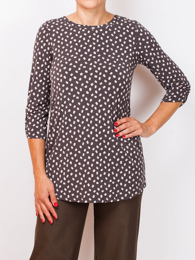 Women's Printed 3/4 sleeve v-neck tunic with tulip hem Made in Canada