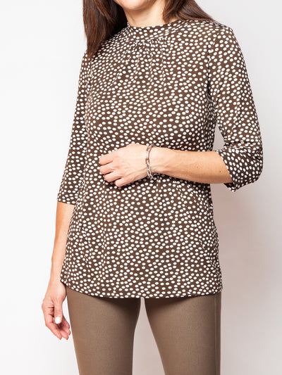 Women's Dot print 3/4 sleeve high neck top in brown Made in Canada