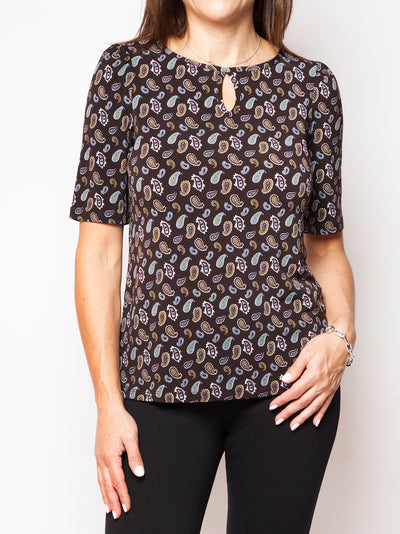 Women's paisley printed elbow sleeve top with keyhole in brown