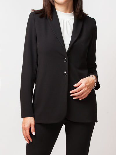 Women's long sleeve 3 button stretch blazer with shawl collar in black
