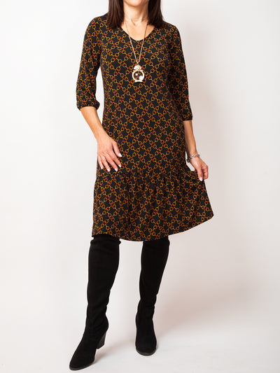 Women's chain print 3/4 blouson sleeve knee length frilled dress in black
