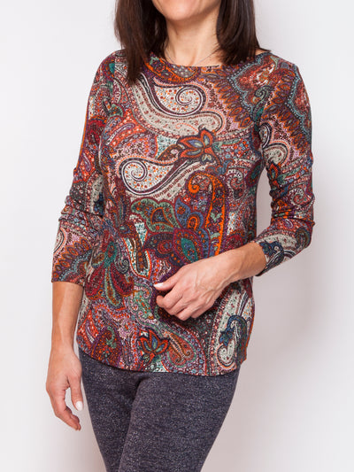 Women's shimmery paisley printed lightweight sweater knit long sleeve top 