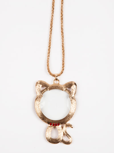 Long cat pendant necklace with magnifying glass in gold